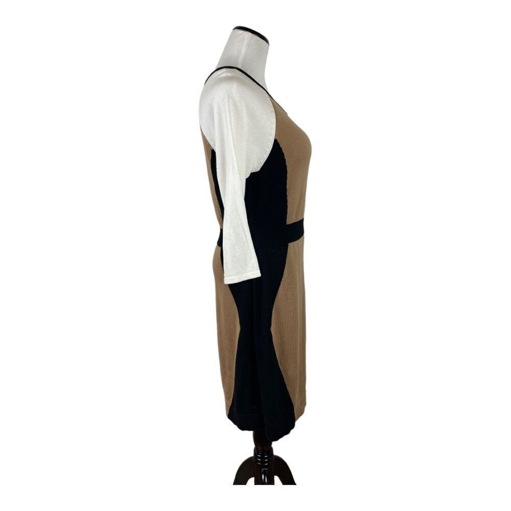 AGB Womens Size M Color Block Sweater Dress 3/4 Sleeves Black Tan White MIDI - Picture 2 of 8